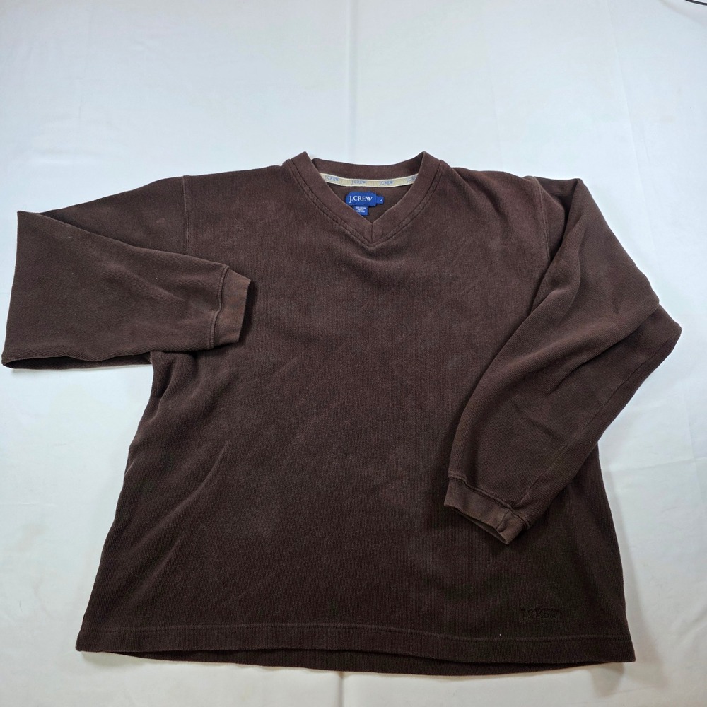 Vtg J.Crew Mens Large Brown V-Neck Long Sleeve 100% Cotton Textured Pullover Top